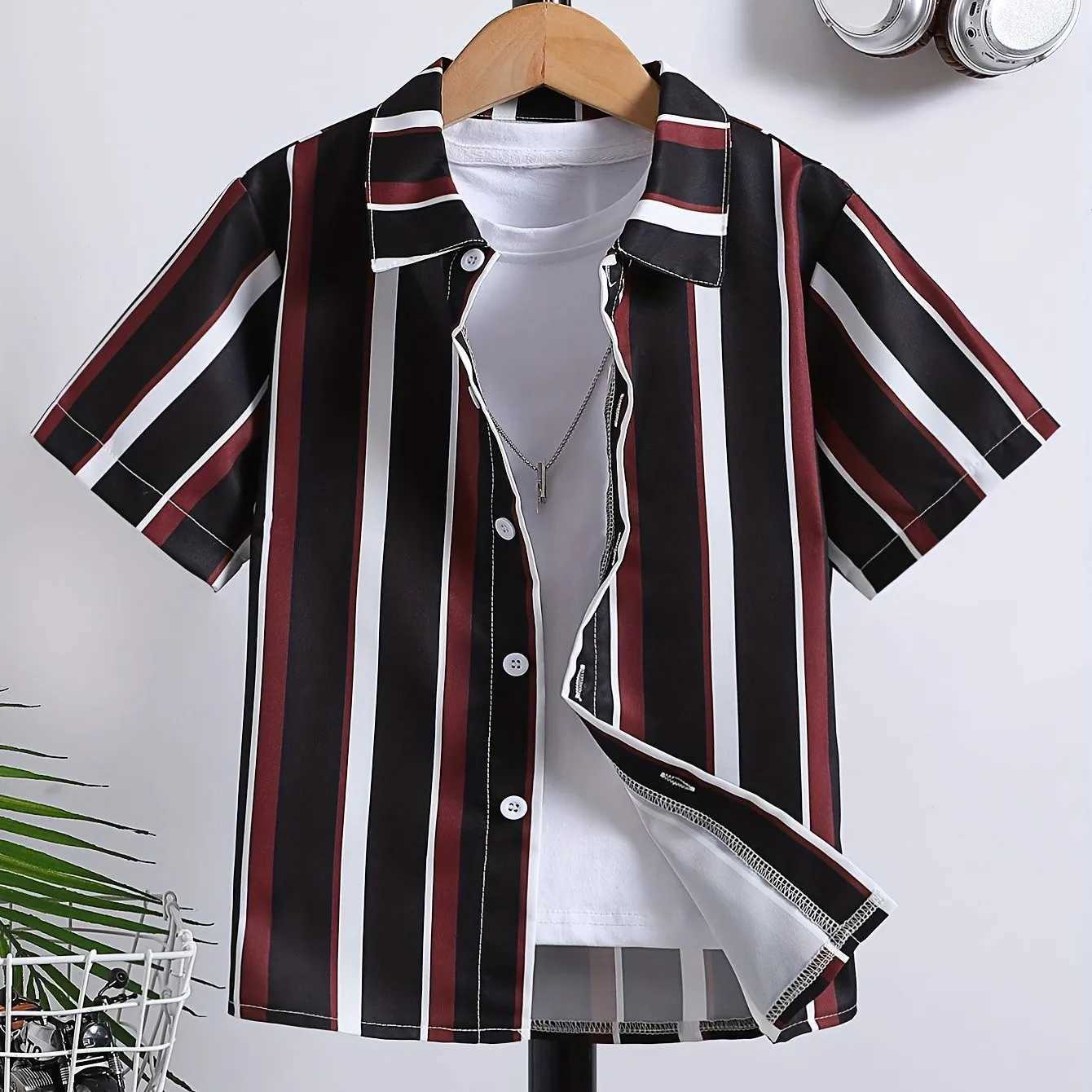 Black and white striped plain printed boys creative shirt casual short sleeved lapel shirt top boys clothing childrens summer outdoorW240729