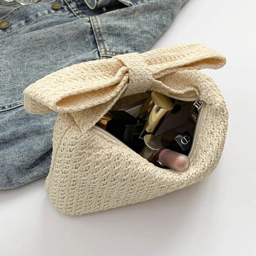 Knotted Summer Beach Bag Woven Bow Evening Clutch Handbag Solid Color Top Handle for Women Party Vacation Wedding 240731