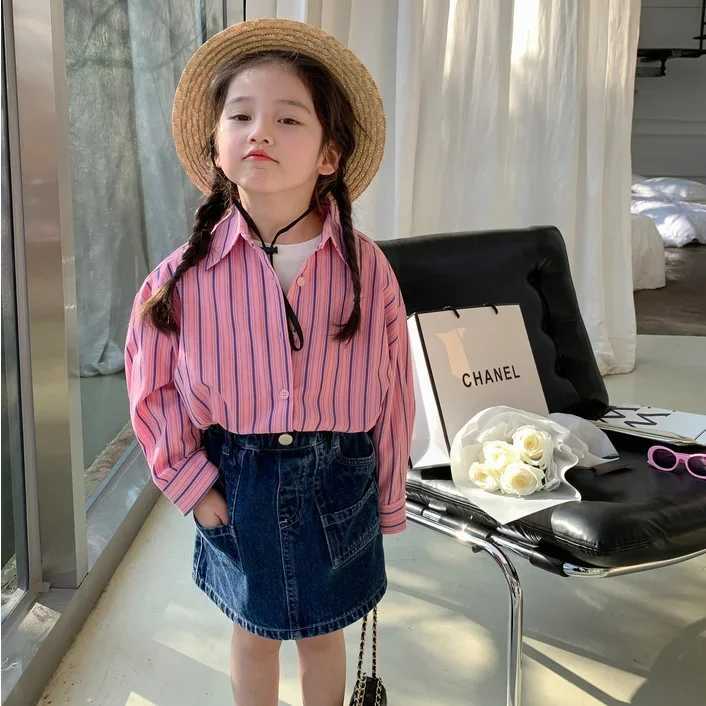 Girls Korean style striped shirt 2023 spring new casual loose fully matched lapel comfortable top outdoor fashionW240729