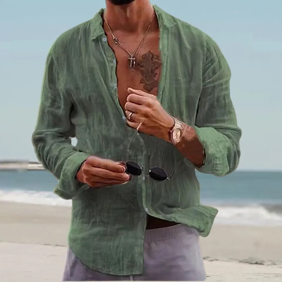 Autumn Men Plain Cotton And Linen-Blend Loose Lapels Long-Sleeved Casual Cardigan Beach Shirt 240729
