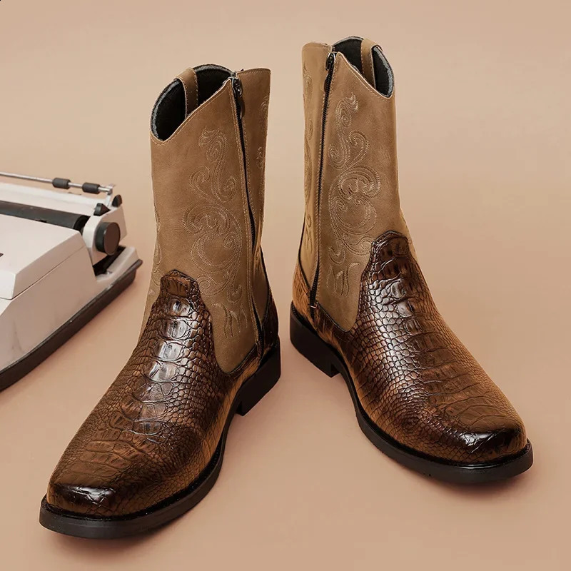 Western Motorcycle Knight Cowboy Boots Men High Quality Embroidered Mid Calf Leather Boots Genuine Leather Man High Top Footwear 240724