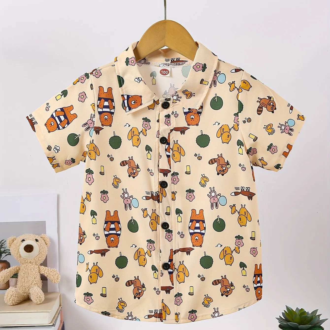Boy Cute Cartoon Animal Pattern Button Collar Shirt Childrens Short Sleeve Casual Summer Top Daily Clothing VacationW240729