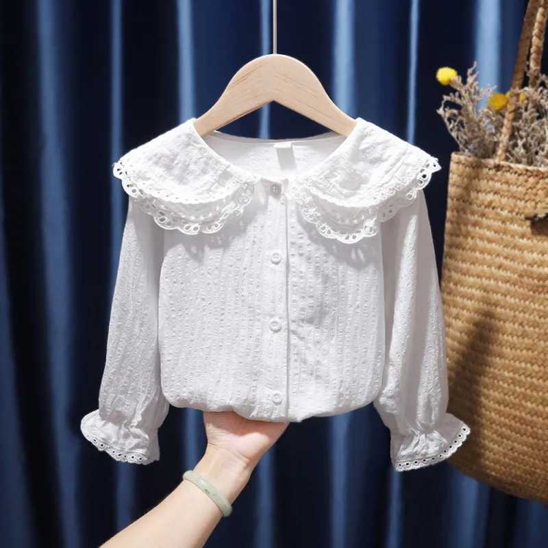 Girls fashionable white shirt childrens new lapel shirt flash sleeve top childrens long sleeved lace casual shirtW240729