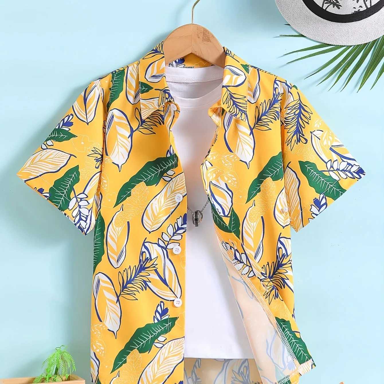 Holiday Printed Childrens Creative Shirt Casual Short Sleeve Collar Breathable Shirt Top Boys Summer Outdoor ShirtW240729