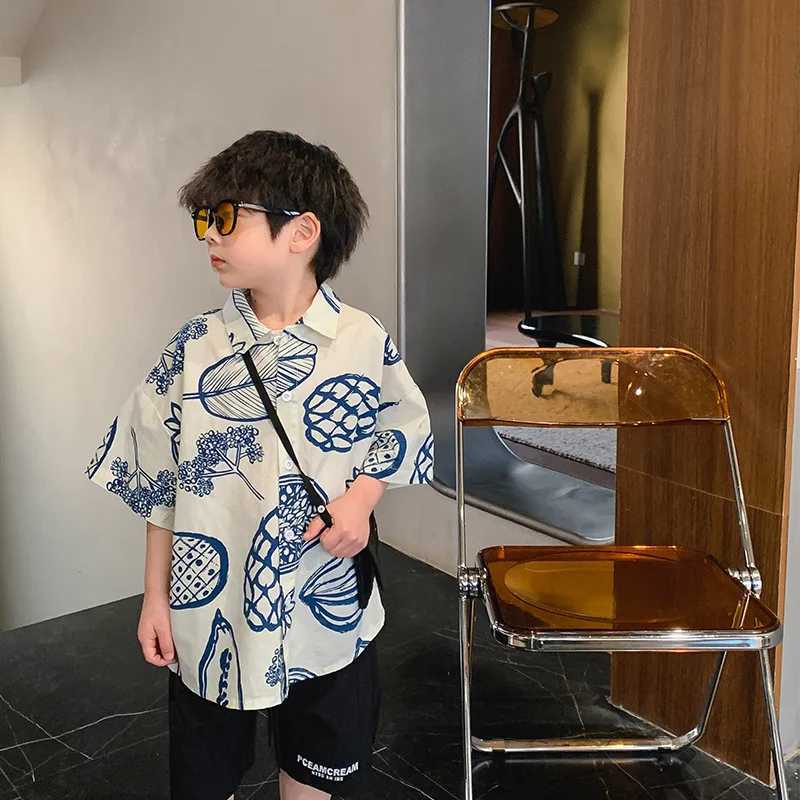 New Summer Boys Shirt Childrens Leaf Printed Cotton Top Childrens Collar Loose Casual Shirt 2-7YW240729