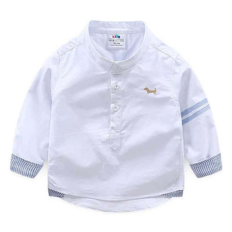 2020 Spring/Autumn 2 3 4 6 8 10 Year Old Children Solid Color Cotton Mandarin Collar Dog Long Sleeve White ShirtW240729