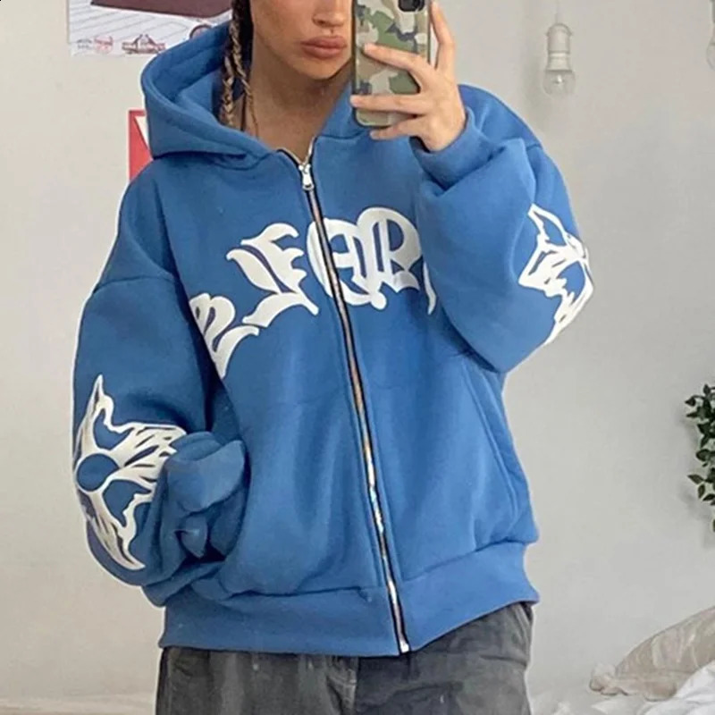 Y2K zip up hoodie Harajuku Hip Hop Punk streetwear goth Letter printing oversized hoodie Sweatshirt Vintage Loose Clothes 240729