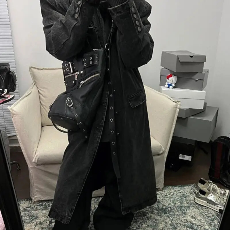Y2k Fashion Black Crossbody Bags for Women Vintage Leather Rivet Bucket Punk Goth Large Capacity Motorcycle Hand 240729