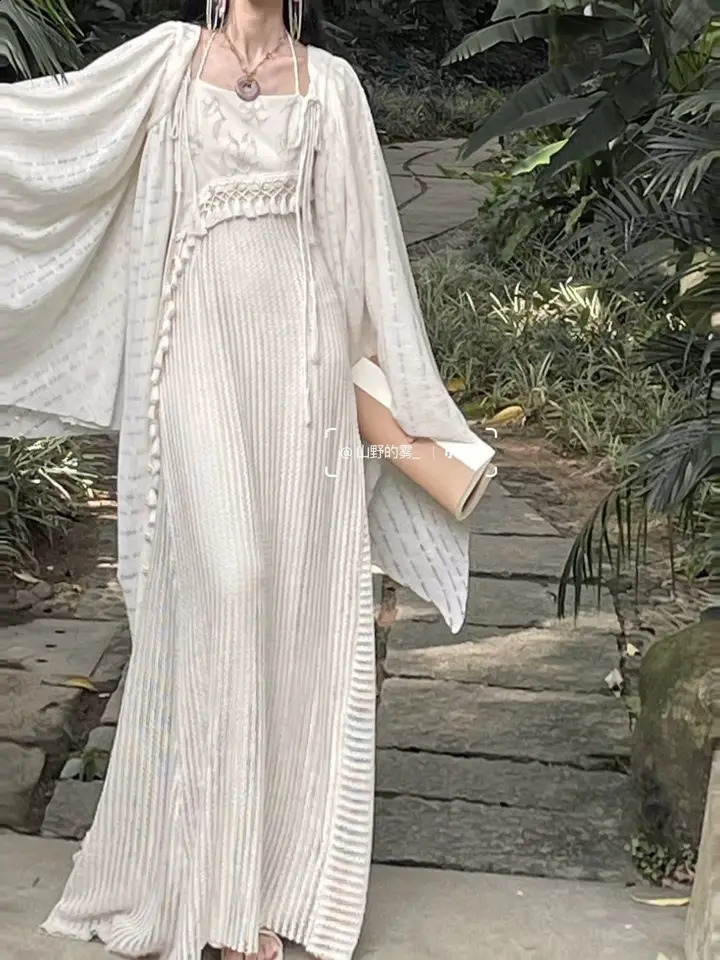 Chinese Style Knitted Spliced Suspender Dress Spring and Autumn Long Sleeve Coat Vintage Set Two Piece Sets Women Outfits 240729