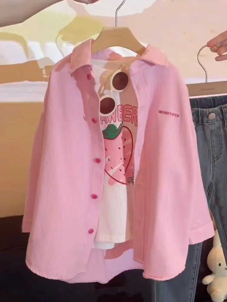 High end girls denim jacket spring and autumn 2024 new childrens clothing trendy casual shirts for little girls childrenW240729