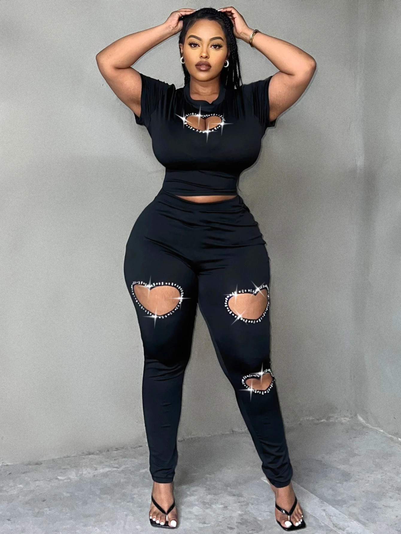LW Plus size twopiece short sleeved topheartshaped cut pants set casual womens autumn item 240722