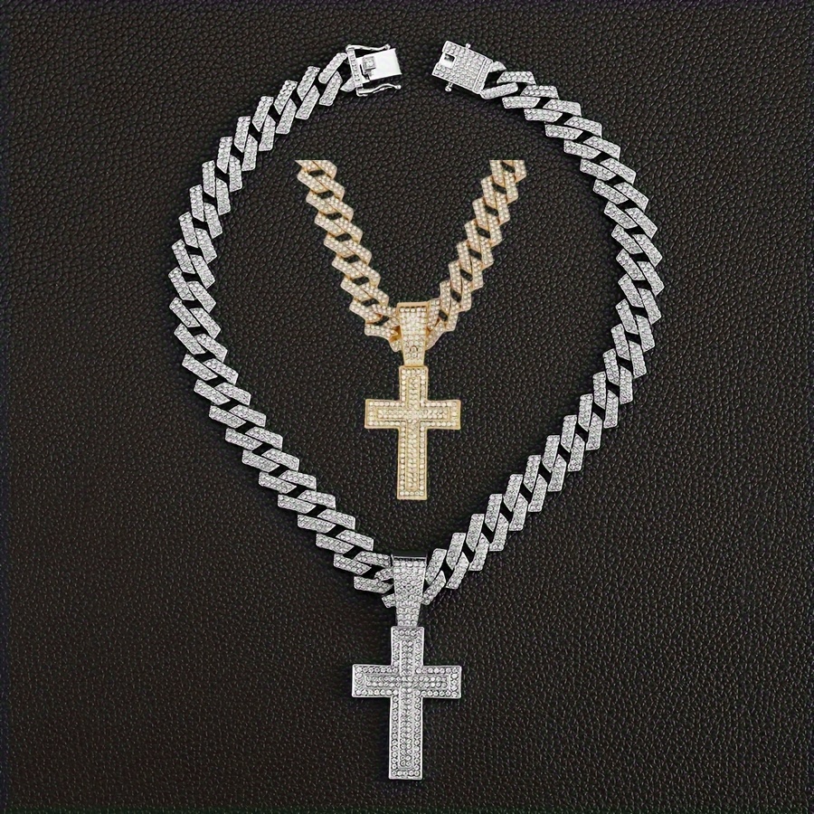Minimally understated filled gold necklace with full cross and wide clasp dia Cuban chain
