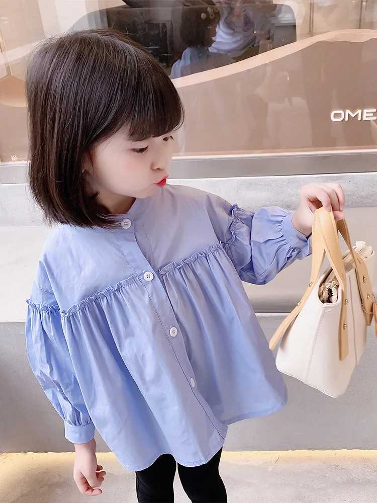 Girls aged 1-7 years old 100% pure cotton shirt spring and summer childrens fashion doll shirt blue childrens loose top daily casual outdoor shirtW240