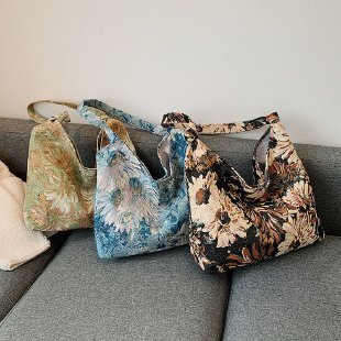 Large capacity women's French minimalist canvas oil painting ethnic style shoulder tote portable bucket bag H729#11 ddmy a154