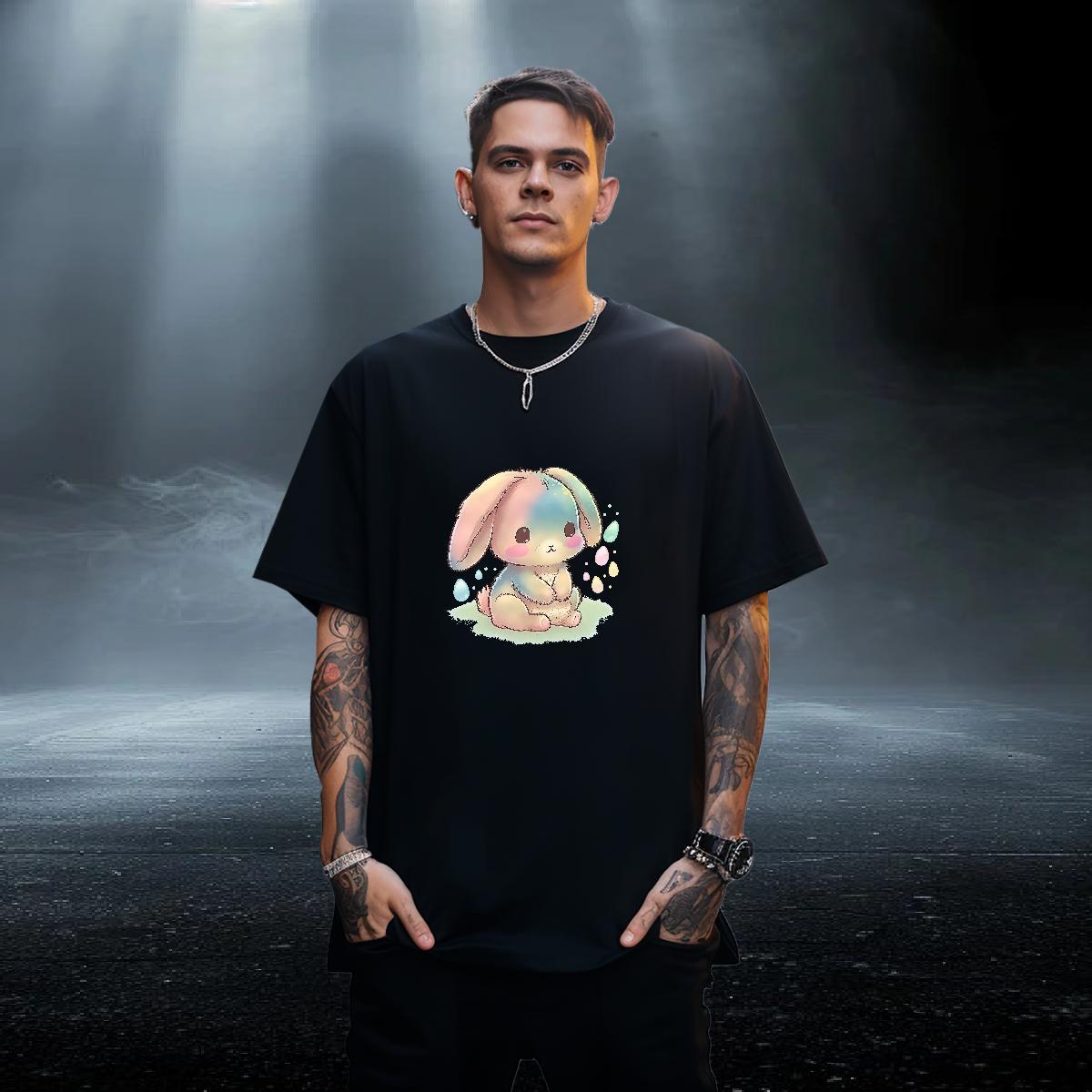 Classic Men Tshirts 230g Pure Cotton High Street Hip Hop rabbit Cartoon Printing L-4XL O-Neck Short Sleeve 2024 Summer T shirt Tops Shirt