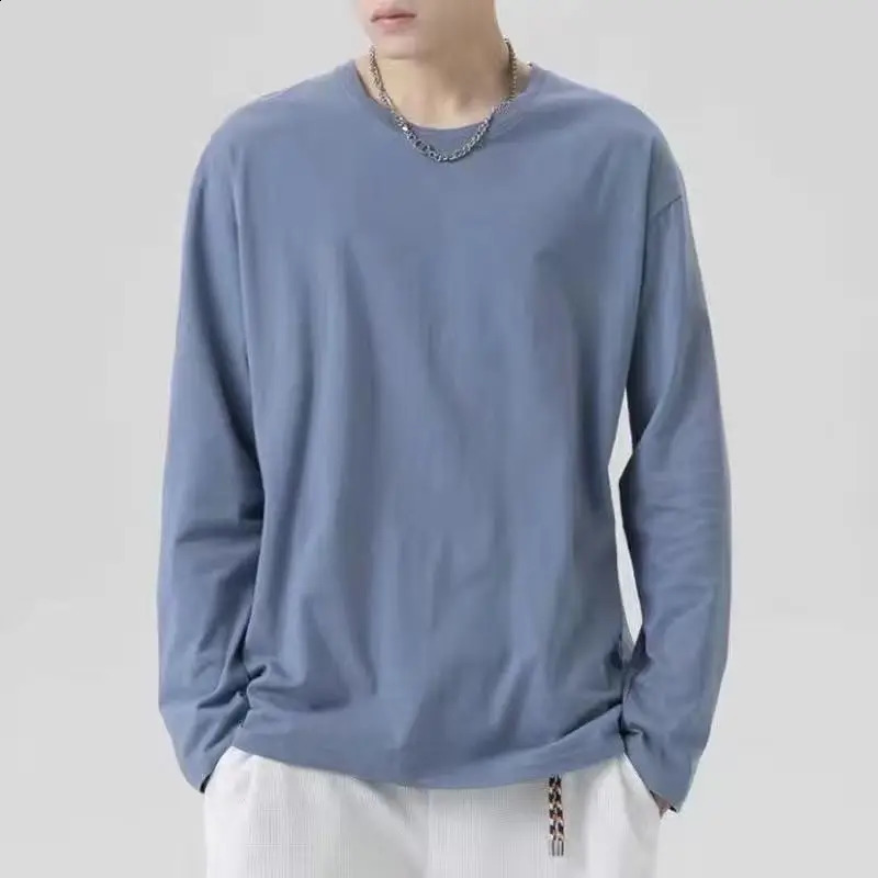 Spring and Autumn Fashion Round Neck Long Sleeve Solid Color Tshirt for Mens Casual Loose Japanese Style Super Thin 240816