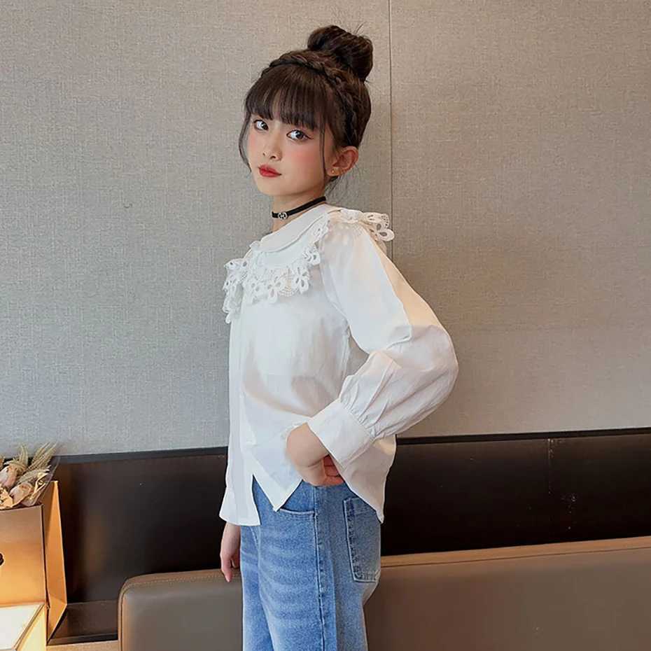 Girls white shirt solid color girls shirt spring autumn shirt childrens casual style school uniformW240729