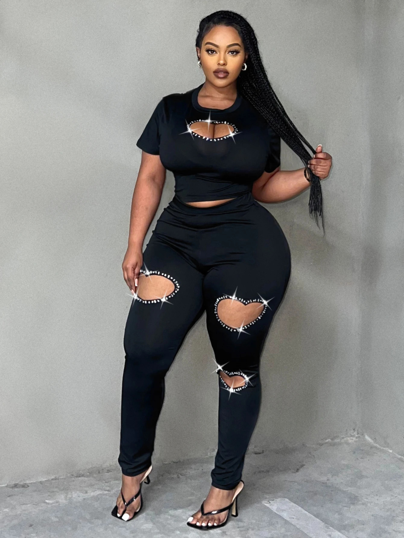 LW Plus size twopiece short sleeved topheartshaped cut pants set casual womens autumn item 240722