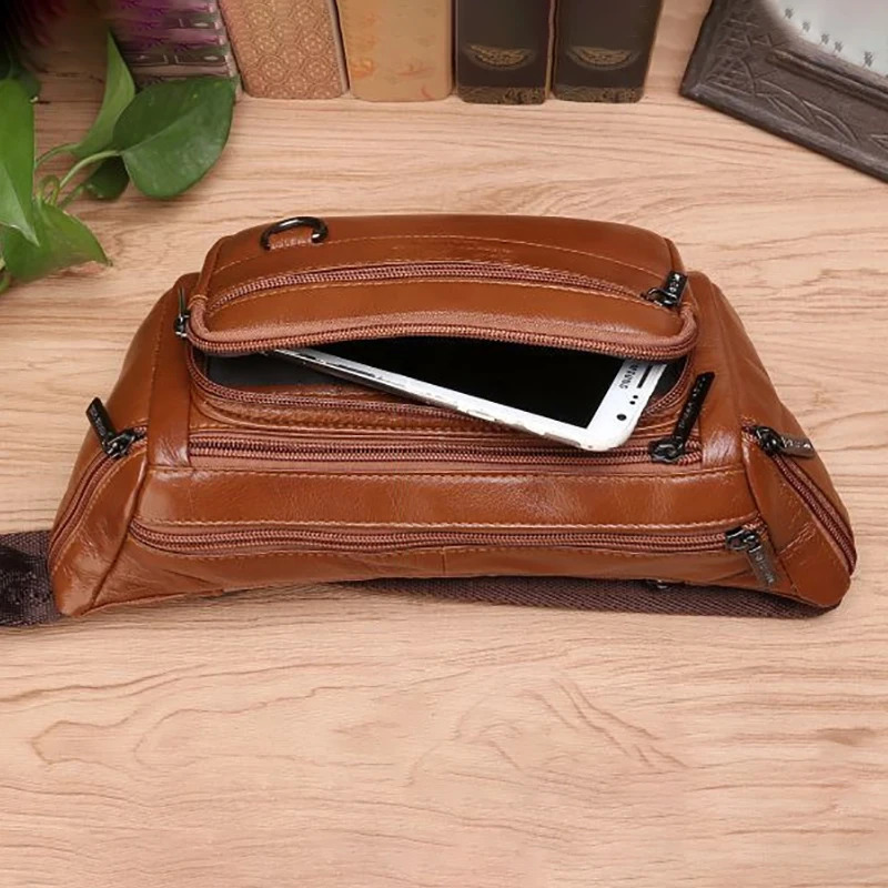 Men Waist Fanny Bags Sling Chest Pack Genuine Leather Casual Fashion Retro Cross body Male Real Cowhide Loop Hip Belt Bum Bag 240729