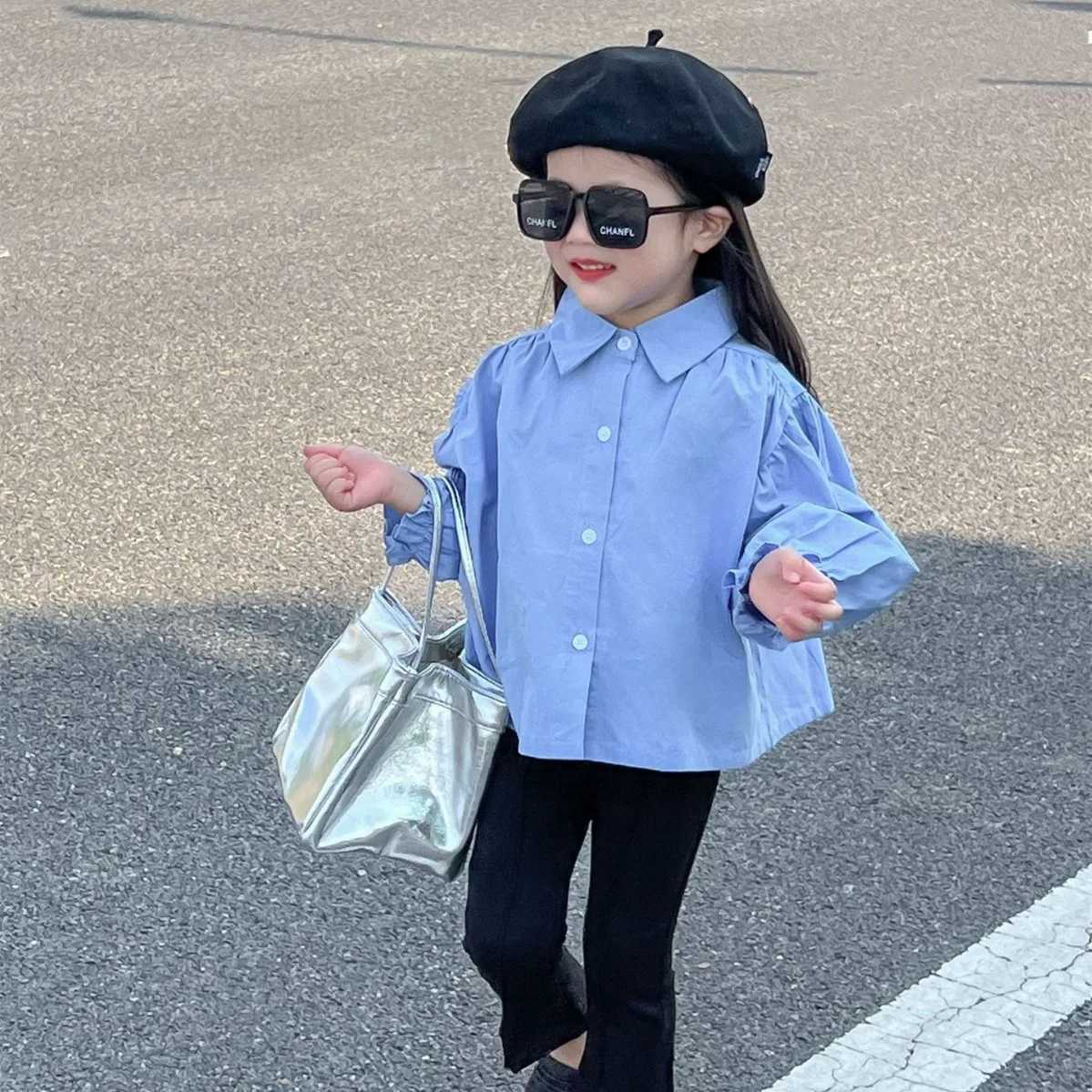 2024 Spring New Korean Childrens Clothing Womens Collar Bubble Sleeves Loose and Retro Blue Shirt Long Sleeve Doll ShirtW240729