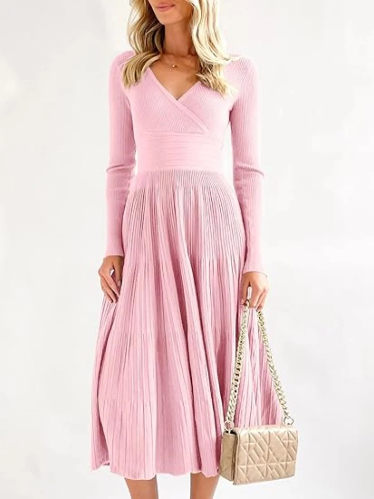 V Neck Elegant Knit Maxi Dress Office Lady Women Clothes Long Sleeve A-Line Pleated Sweater Dresses High Waist Slim Streetwear 240729