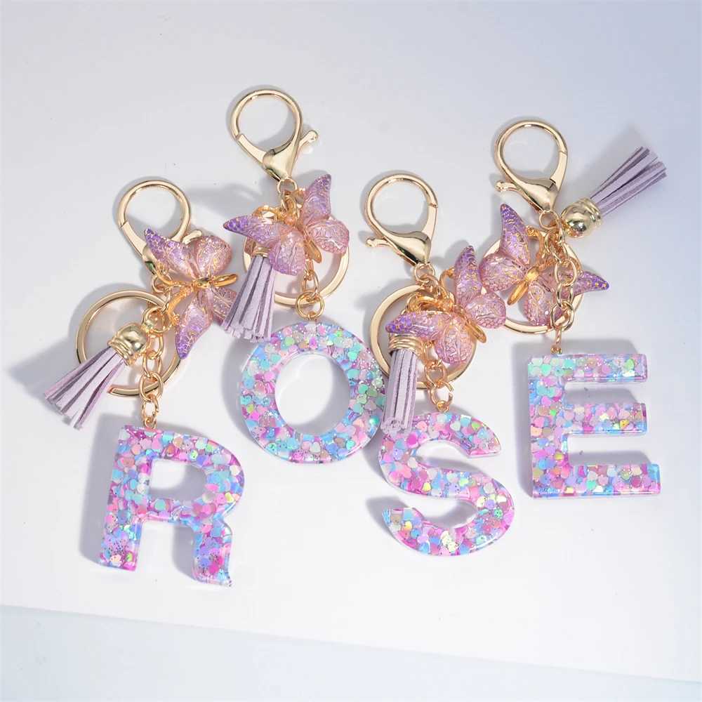 A-Z Dreamy Sequin Letters Keychain for Women Tassel Butterfly Pendant Initial Keyring Purse Suspension Bags Charms Car Key ChainL240729