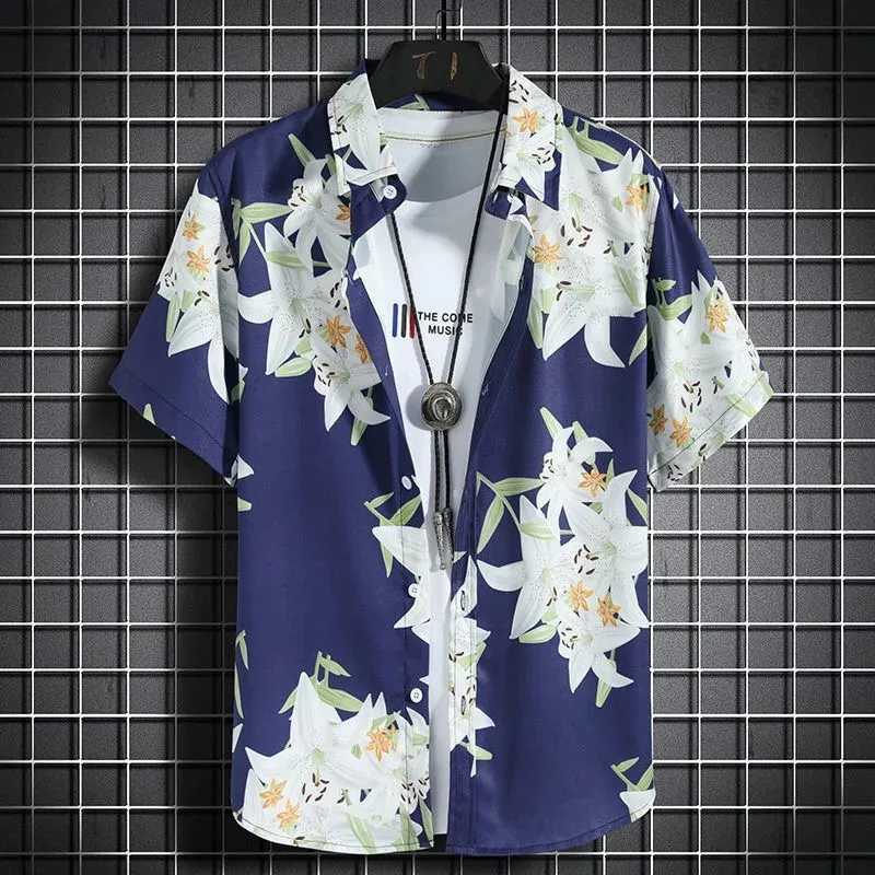 Beach Shirt Childrens Short Sleeve Casual Shirt Seaside Vacation Childrens Loose Clothing Flower Shirt TopW240729