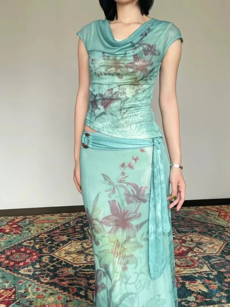 Vintage Thin Fashion Print O-neck Short Sleeve Tops Women Y2k Slim Waist Bodycon Skirts Summer Two Piece Sets 240729