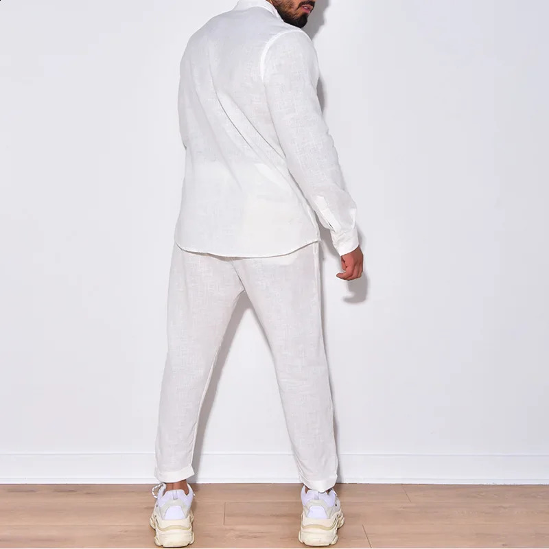 Mens Sets Linen Spring Autumn Leisure Suit Long Sleeve Shirts and Trousers Two Piece Sets Fashion Men Clothing Wholesale 240815
