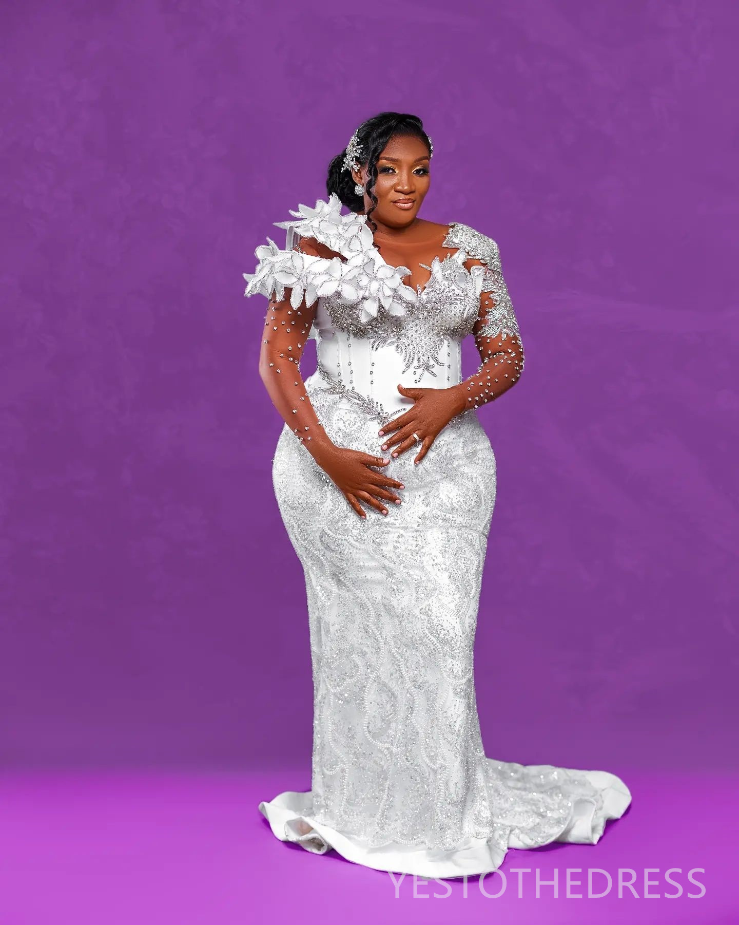 R&W 2024 Plus Size Mermaid Dress Bridal Bride Illusion Sheer Neck Bead Pearls Rhies Decorated Beaded Lace Ruffle Wedding Gowns for Marriage D283