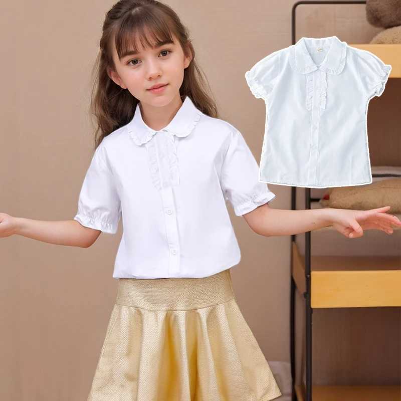 Linen pure cotton white shirt 2024 youth summer white T-shirt new childrens comfortable top childrens clothing button up shirtW240729
