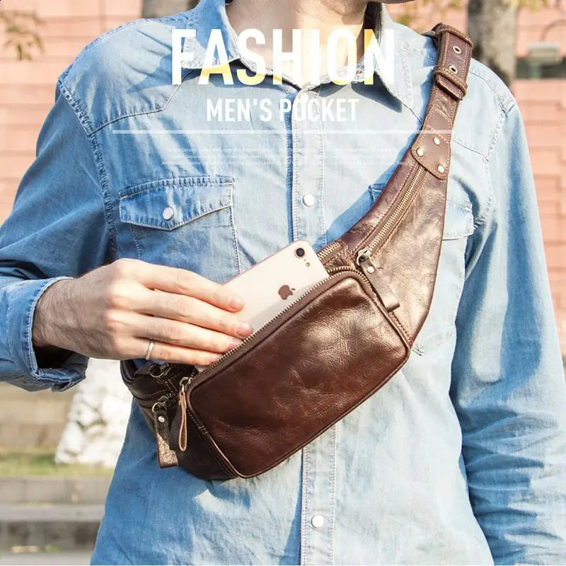 Luufan Crazy Horse Leather Mens Waist Bag Mini daily Fanny Chest Pack Cowhide Belt Bag Male Travel Waist Bag For Phone Pouch 240729