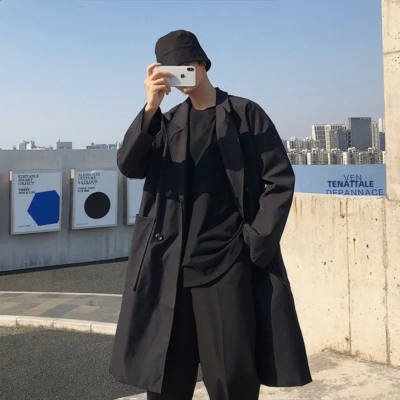 Trendy Medium-length Double-layer Winter Coat Loose Fit Korean Style Casual Trench Overcoat For Men Fashionable Hong Kong Style 240729