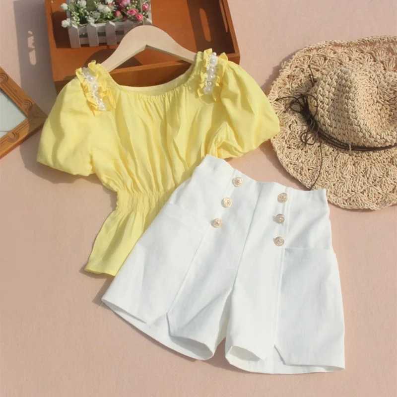 2022 Summer Baby Preschool Teenage Girl Shirt Ruffle Pearl Girl Top Childrens Shirt Childrens Clothing 3 4 6 8 10 12 14 Years OldW240729