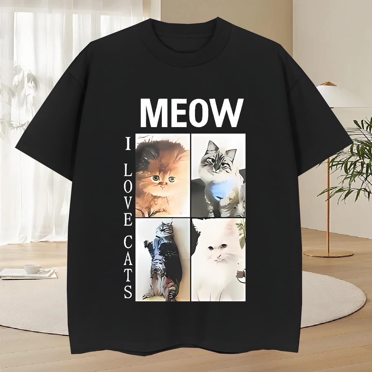 Wholesale Men Tees 100% Cotton 230g Casual Beach cat Cartoon Print Crew Neck Designer T shirt Polos
