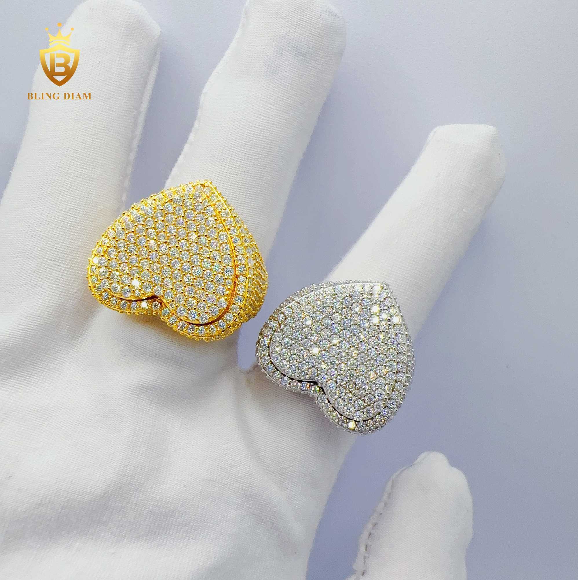 Fashion Custom hip hop Jewelry moissanite double heart design ring sterg sliver Two stones Ring pass tester