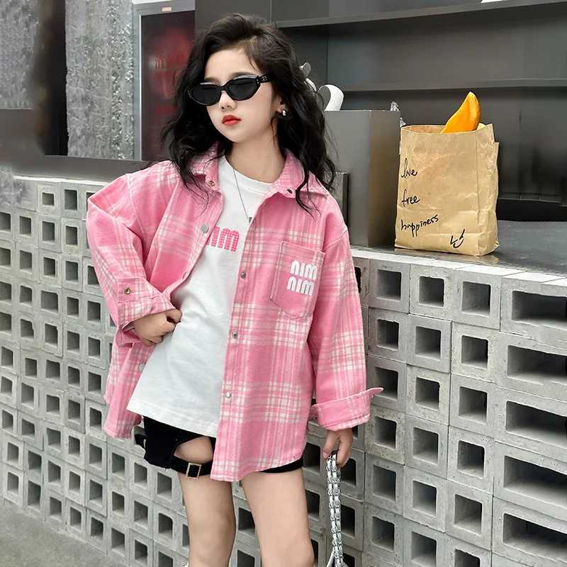 Girls solid color shirt spring and autumn thin long sleeved cotton jacket childrens shirt spring dress 2024 new itemW240729