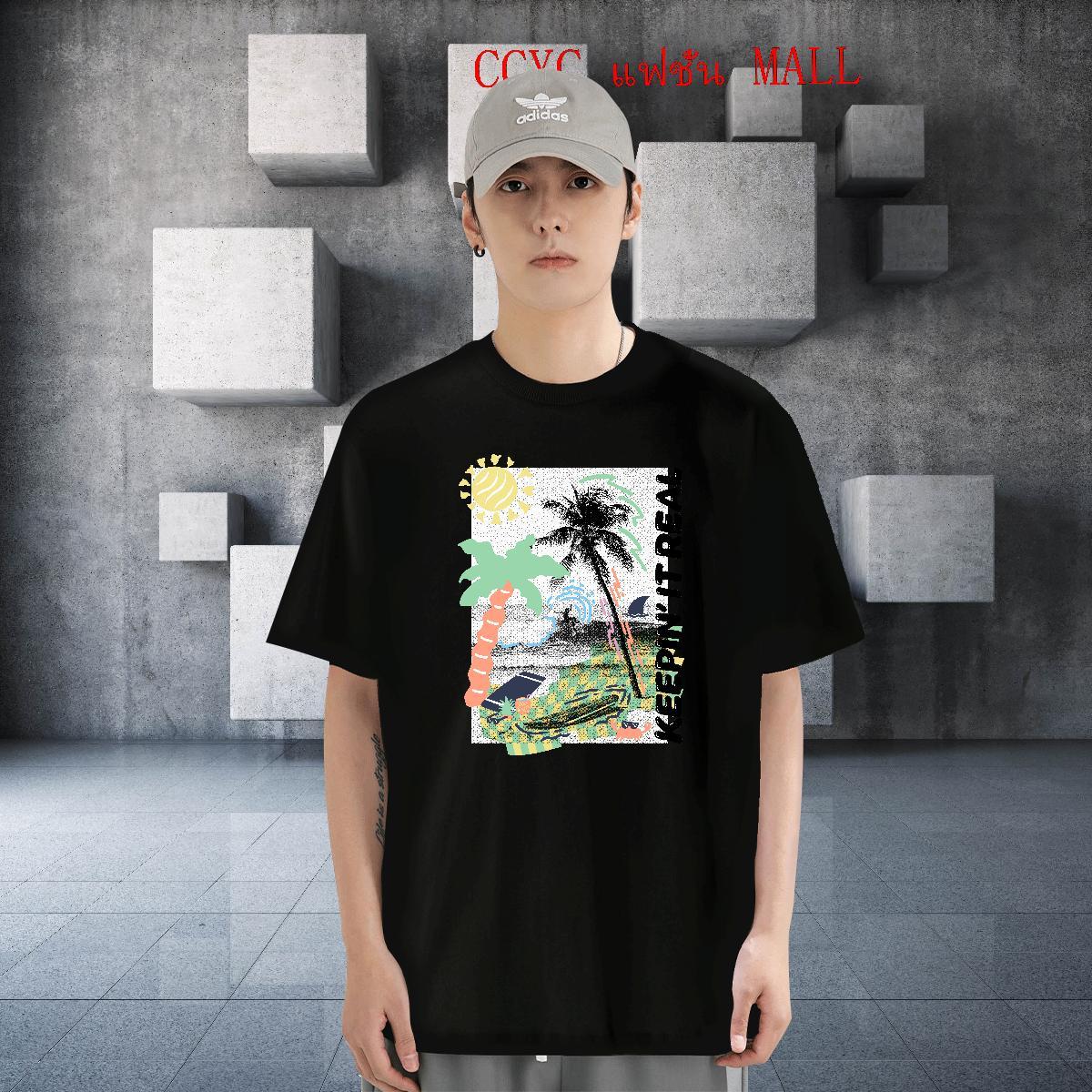 Loose Tshirts 100% Cotton 230g Street wear Hip Hop beach Cartoon Printing L-4XL Short Sleeve O-Neck Classic Casual Mens T Shirts Wear