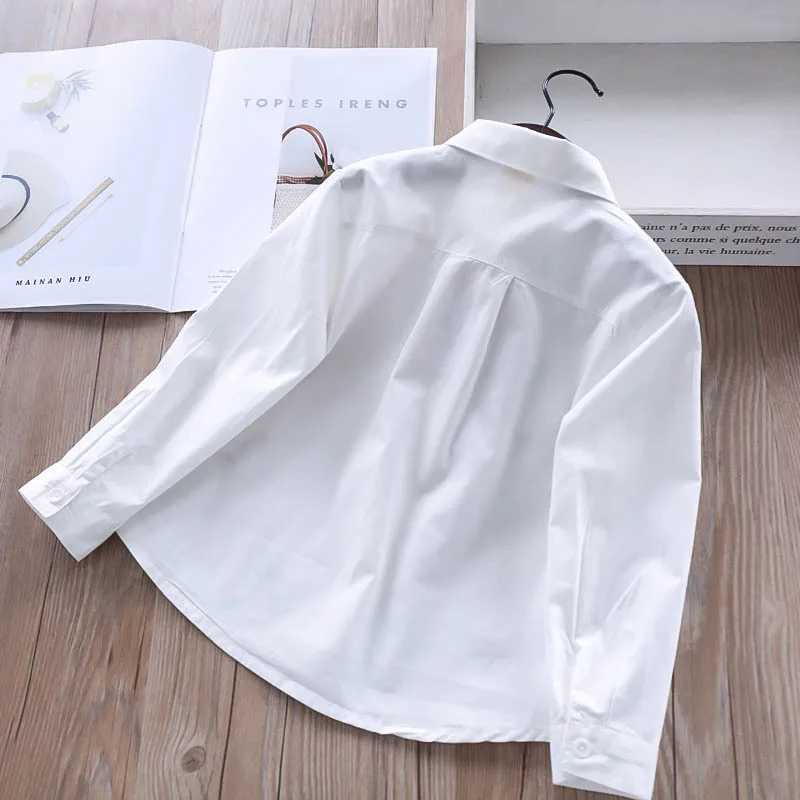Girls long sleeved white shirt autumn and spring childrens clothing girls 8-12 cartoon fox embroidery top cotton school shirtW240729