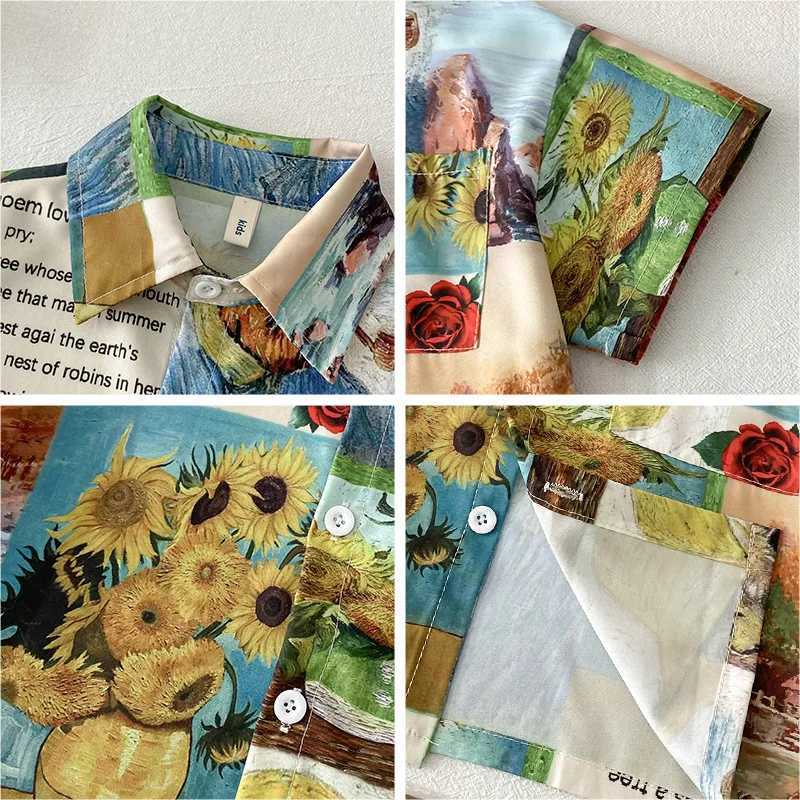 Childrens summer vintage oil painting shirt boys floral shirt childrens casual top childrens clothingW240729