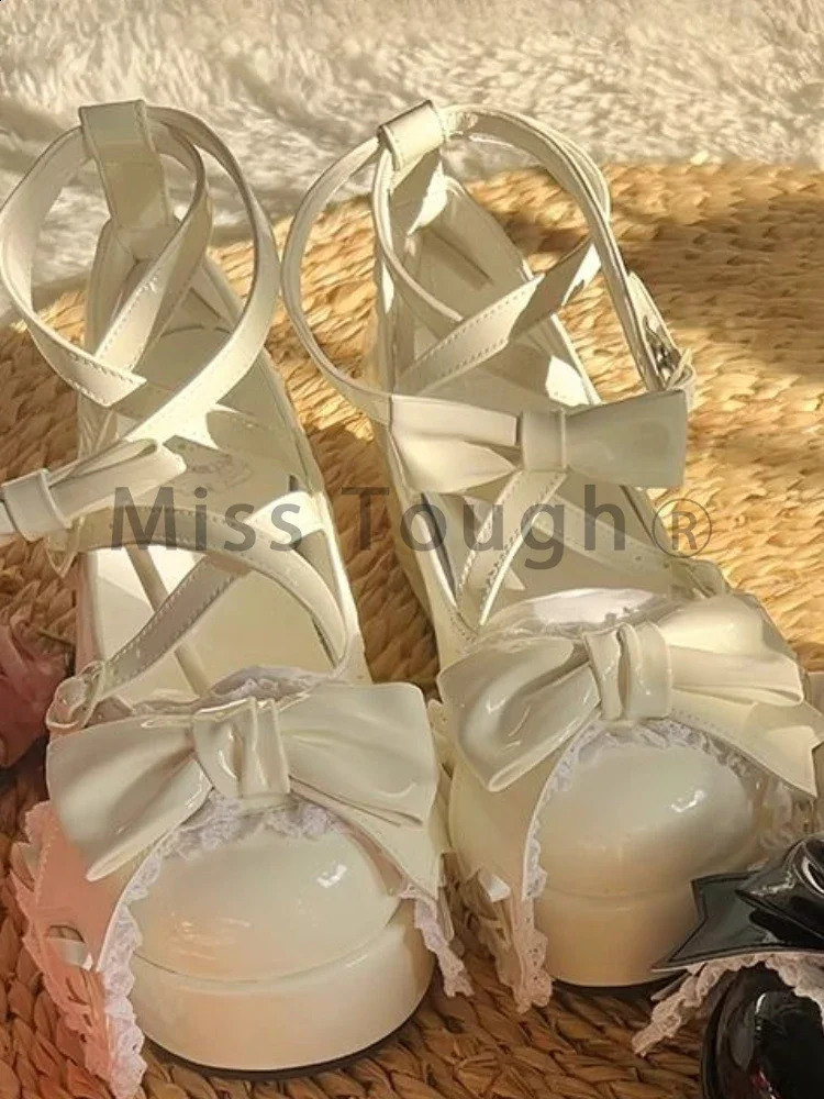 Summer Lovely Bow Strap Lolita Shoes for Women Sweet Bowtie Platform Mary Janes Woman Patent Leather Non-Slip Cute New Flats 240724