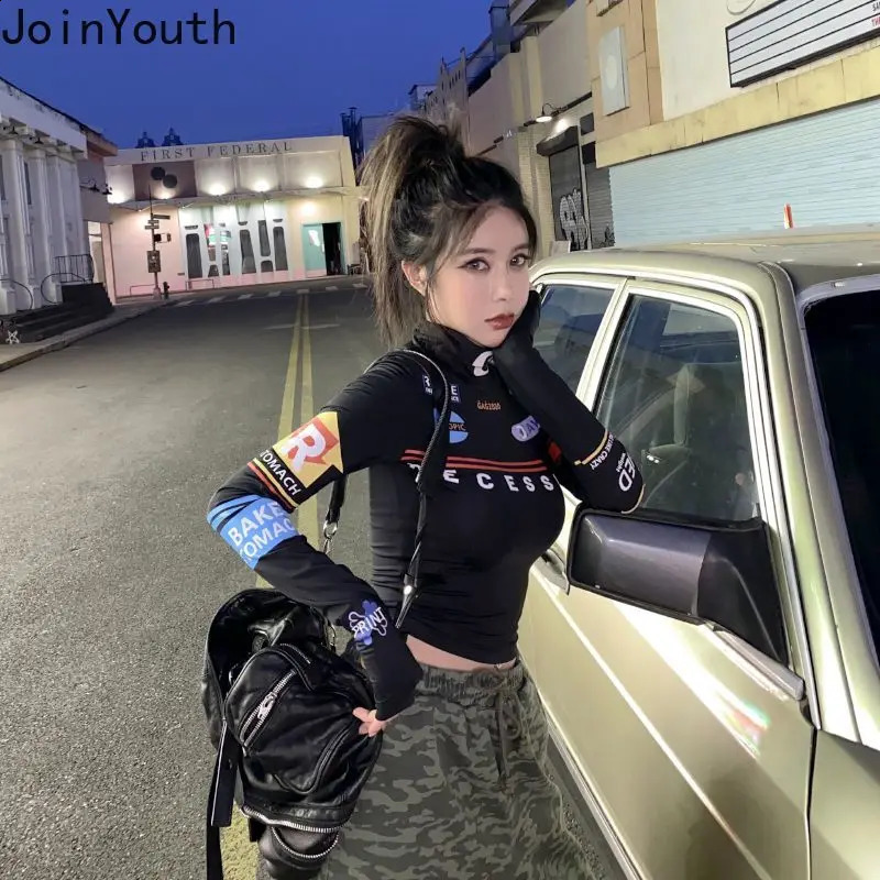 Shirts for Women Long Sleeve Print Tshirts Crop Tops Turtleneck Fashion Tunic Tees Harajuku Y2k T Shirt 240729