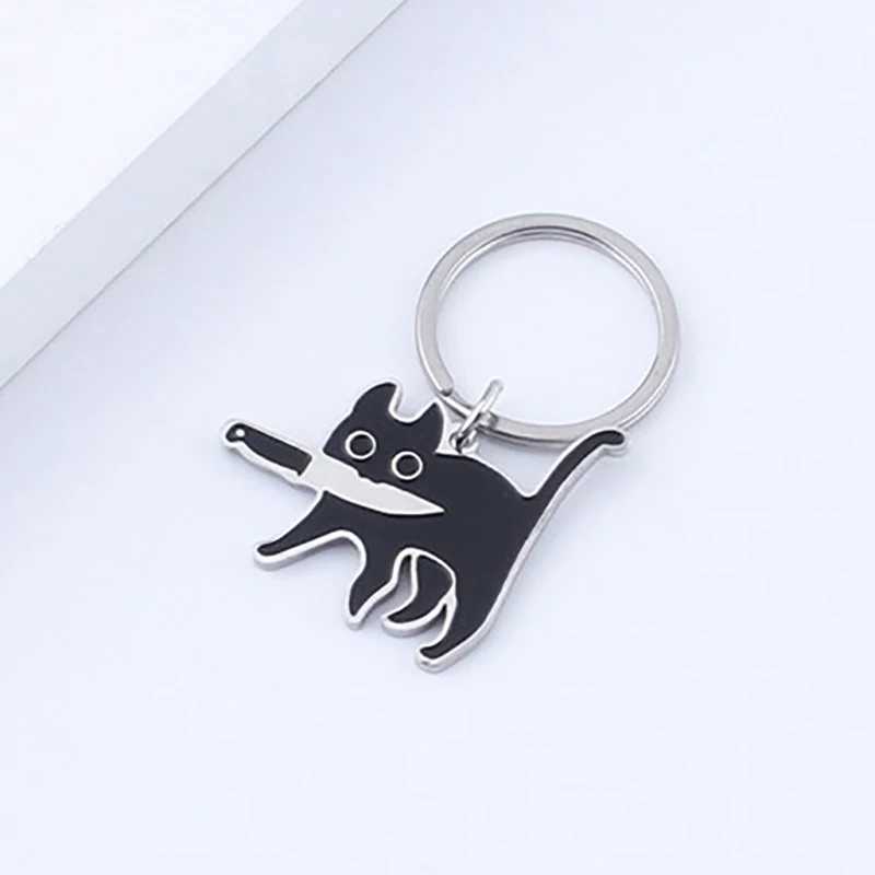 Cute Cartoon Knife Cat Keychain Stainless Steel Black Kitten Key Chains Keyring Bag Pendant Hanging Jewelry GiftL240729