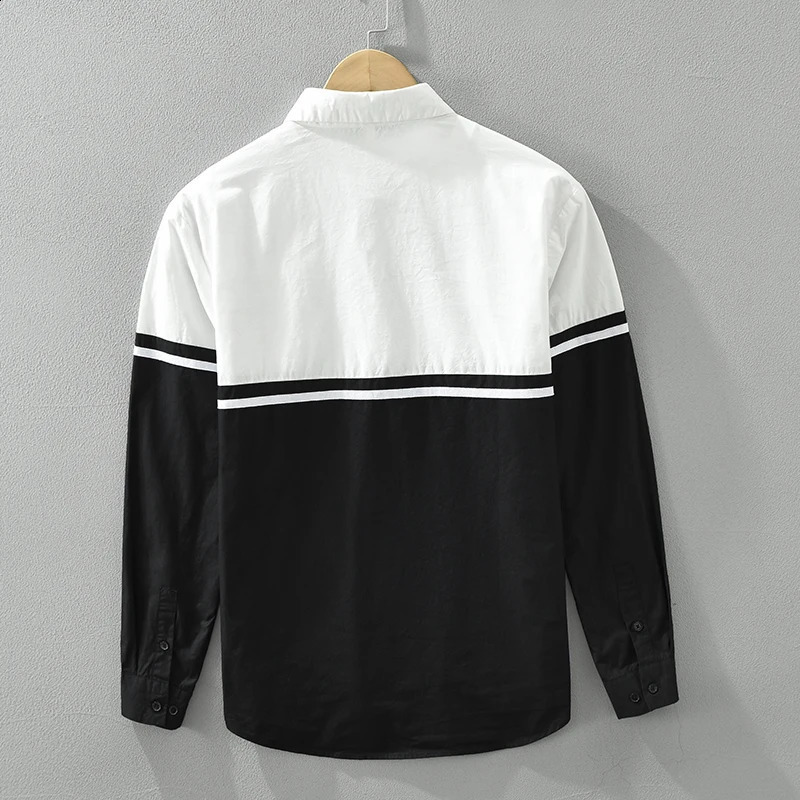 Black White Patchwork Shirt for Men Loose Long Sleeve Shirts Classics All-match Mens Clothing 240729