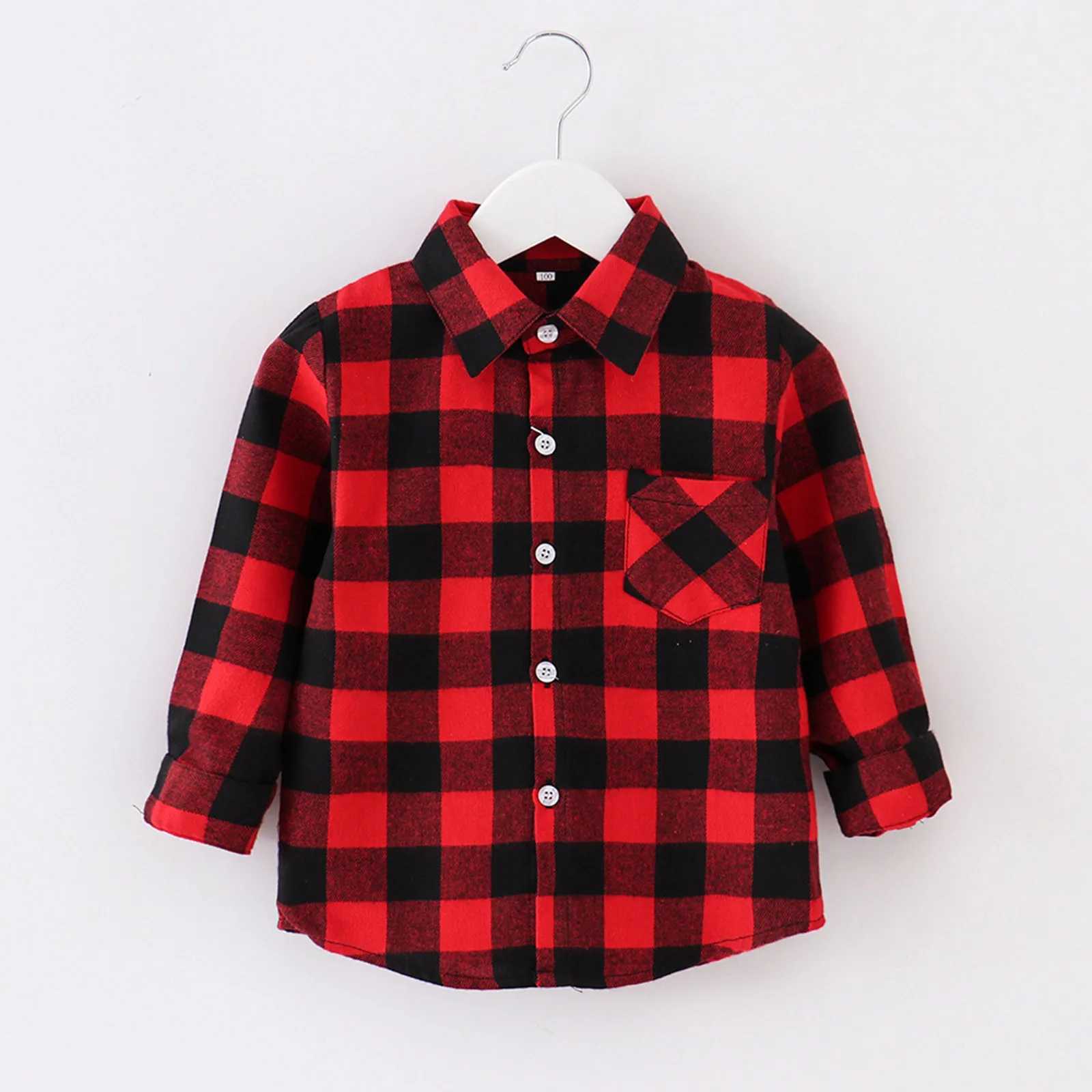 Childrens boys flannel plain shirt collar button up top baby boys and girls Y2k style long sleeved shirtW240729