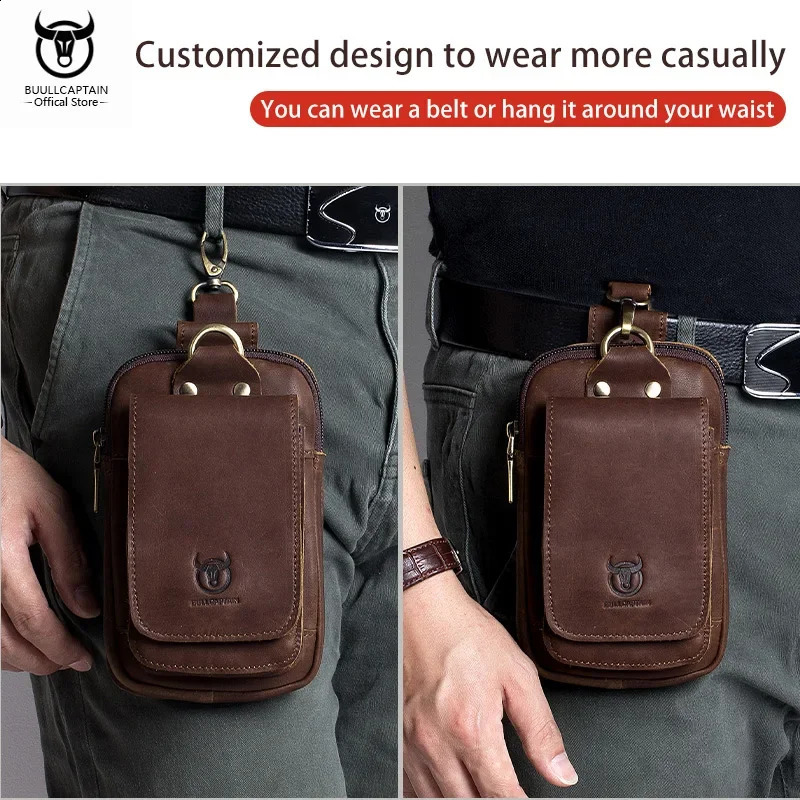 BULLCAPTAIN Mens Genuine Leather Waist Bag Retro Casual 6.7-Inch Mobile Phone Bag Multifunctional Double Layer Waist Bag 240729