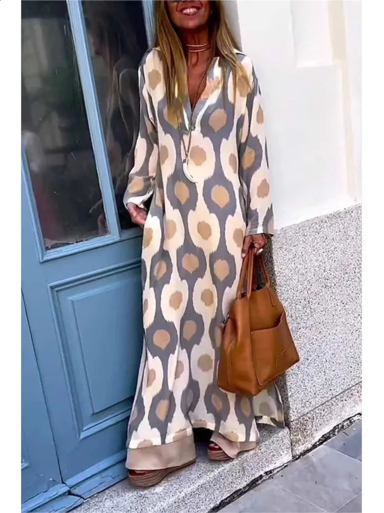 2024 Autumn Causal V NeckWomen Geometric Maxi Dress Long Sleeve Dresses Female Holiday Beach Boho Dress 240729