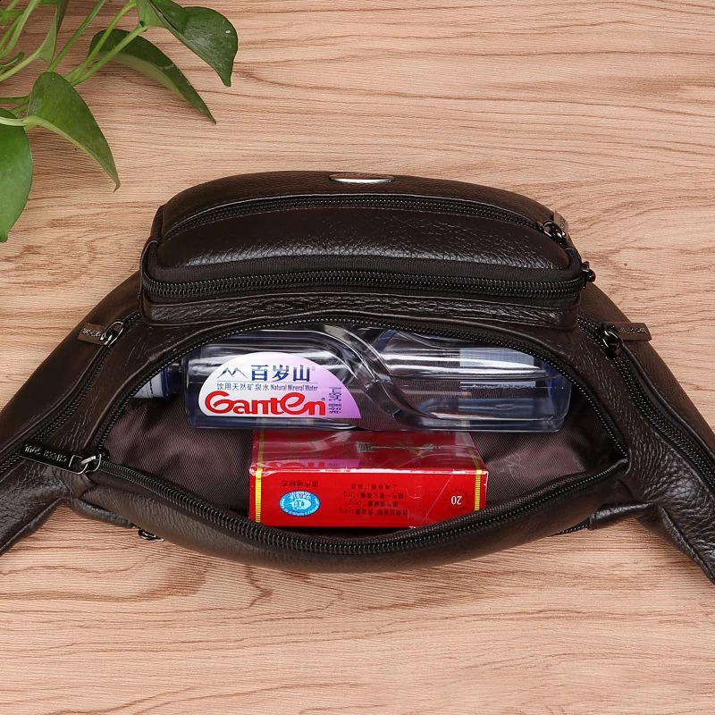 Genuine Leather Men Waist Fanny Pack Bags Sling Chest Pocket Pouch Travel Hiking Male Real Cowhide Loop Hip Belt Bum Bag 240729