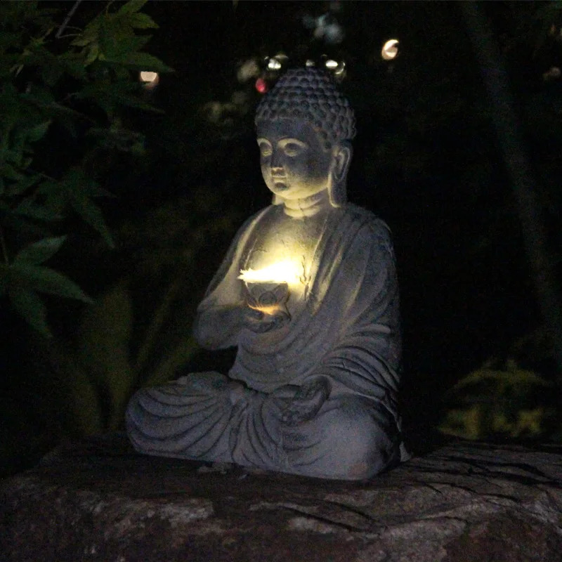 Resin Solar Buddha Statue Sculpture Garden Decor Light Zen Asian Japanese Garden Decoration Outdoor Front Porch Patio Yard Home 240729