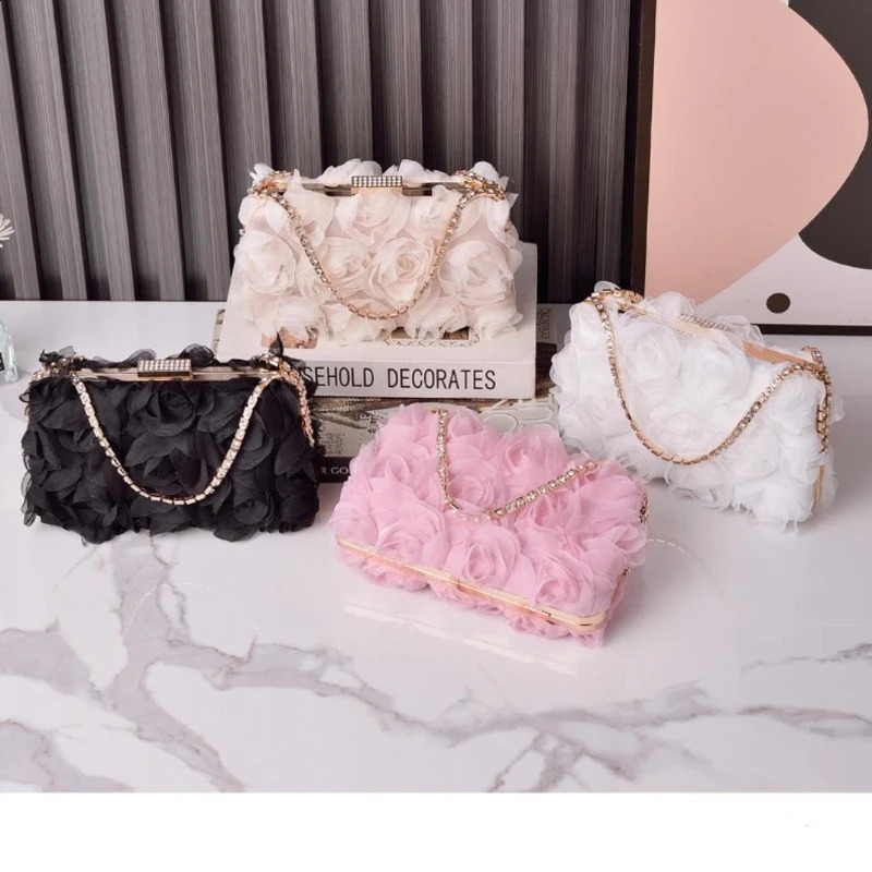 3D Flower Chiffon Evening Handbag Champagne Womens Wedding Dress Purse Diamond Chain White Clutch Soft Fabric Bolso Fiesta Pink 240729